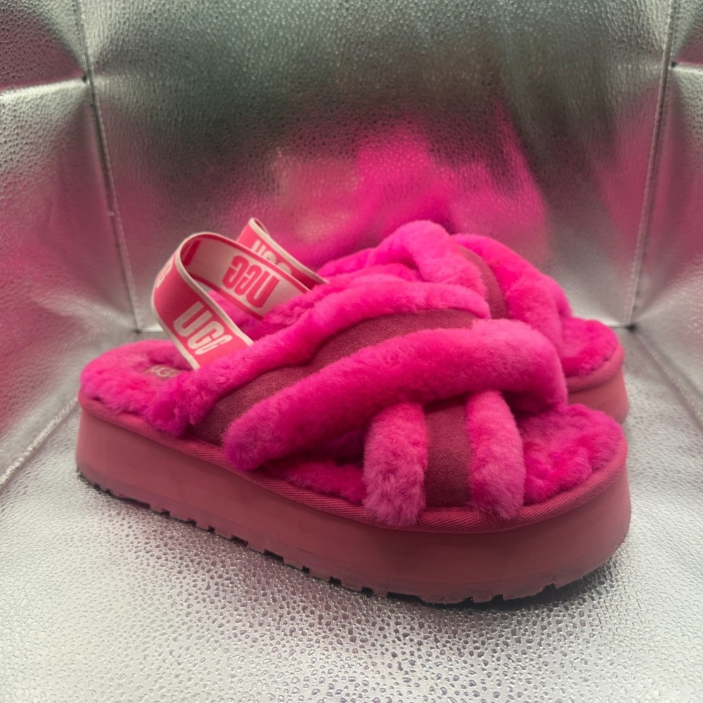 Size 10 UGG Disco Cross Taffy Pink Womens Shearling Platform Slide Slipper